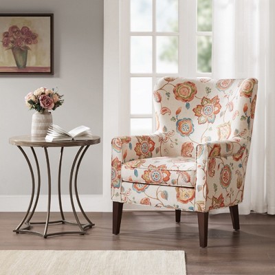 Floral Cream Wingback Accent Chair with Wood Legs