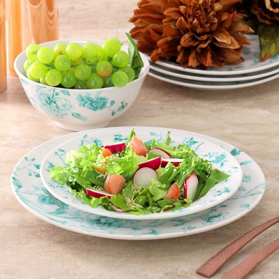 Teal Floral Porcelain 12-Piece Round Dinnerware Set