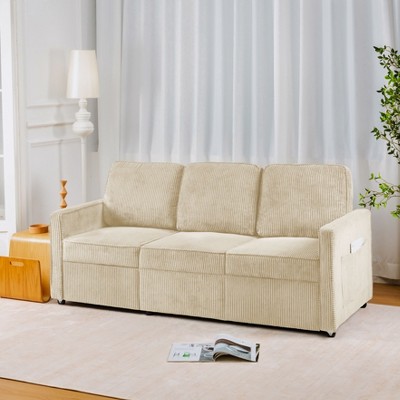NicBex Retractable 3 Seater Sofa,Corduroy Flexible Couch for Living Room,Apartment,Office,Beige