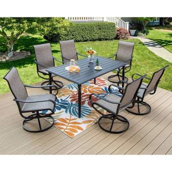 7pc Outdoor Dining Set with Steel Rectangle Table with Umbrella Hole & Swivel Chairs - Captiva Designs