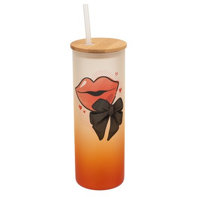 Elanze Designs 25 Ounce Frosted Glass Gradient Travel Tumbler With Straw and Wooden Lid, Lips With Bow Orange