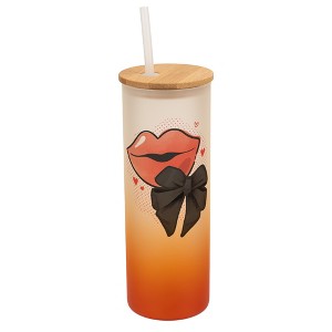 Elanze Designs 25 Ounce Frosted Glass Gradient Travel Tumbler With Straw and Wooden Lid, Lips With Bow Orange - 1 of 1