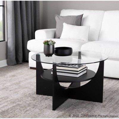 34" Circular Black Wood & Clear Glass Coffee Table with Storage Shelf