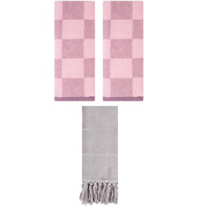 REGALWOVEN 3 Packs Checkered and Tassels Absorbent Soft Cotton Bathroom Hand Towel - 1 of 4