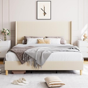 Upholstered Bed Frame with Channel Tufted Wingback Headboard, Strong Wooden Slat Support, No Box Spring Required, Easy Assembly. - 1 of 4