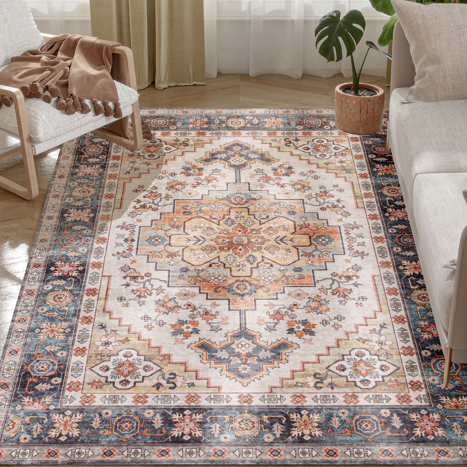 HOMCOM Area Rug 4x6, Non-Slip Machine Washable Rug, Boho Print Pattern Medallion Carpet for Living Room, Bedroom, Dining Room, Tawny Brown