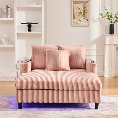 Oversized Recliner Sofa with 3 Pillows and Side Pocket, Single Sofa with USB and RGB LED Lights, Corduroy Sofa with Wood Frame-Coolbibila
