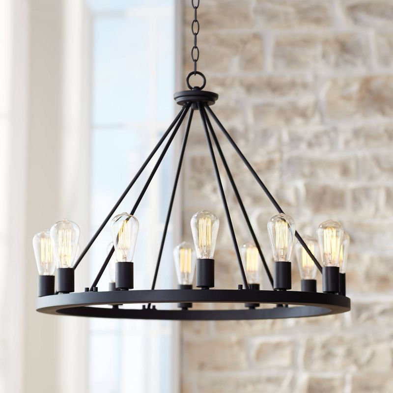Franklin Iron Works Lacey Black Wagon Wheel Chandelier 28" Wide Industrial 12-Light LED Fixture for Dining Room House Foyer Kitchen Island Entryway, 3 of 11