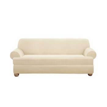 2pc Stretch Poly Striped T Cushion Sofa Slipcovers Cream - Sure Fit