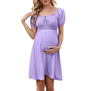Clearlove Women's Square Neck Drawstring Puff Short Sleeve Self Tie Front A Line Dress - 1 of 4