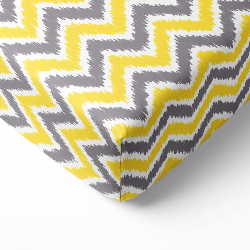 Bacati - Chevron Ikat Yellow Gray 100 percent Cotton Universal Baby US Standard Crib or Toddler Bed Fitted Sheet, 1 of 7