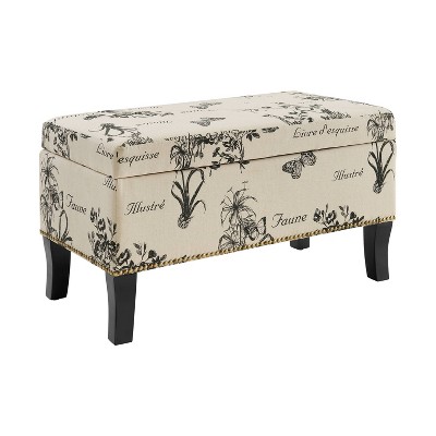 Stephanie Botanical Linen Fabric Storage Ottoman Bench, Beige
