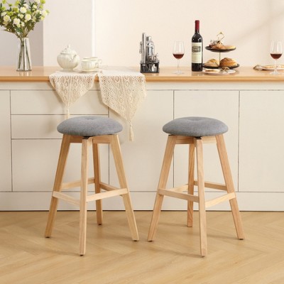 Beautyolove 26 in. Natural Backless Wood Counter Height Swivel Bar Stool with Padded Fabric Seat (Set of 2)