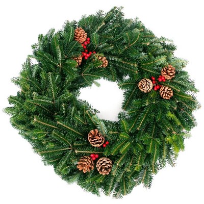 Live Fresh Cut Blue Ridge Mountain Fraser Fir Wreath 24" with Cones and Berries - Van Zyverden