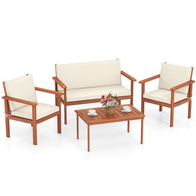 Tangkula 4 Pieces Patio Furniture Set Acacia Wood Porch Chairs w/ Table