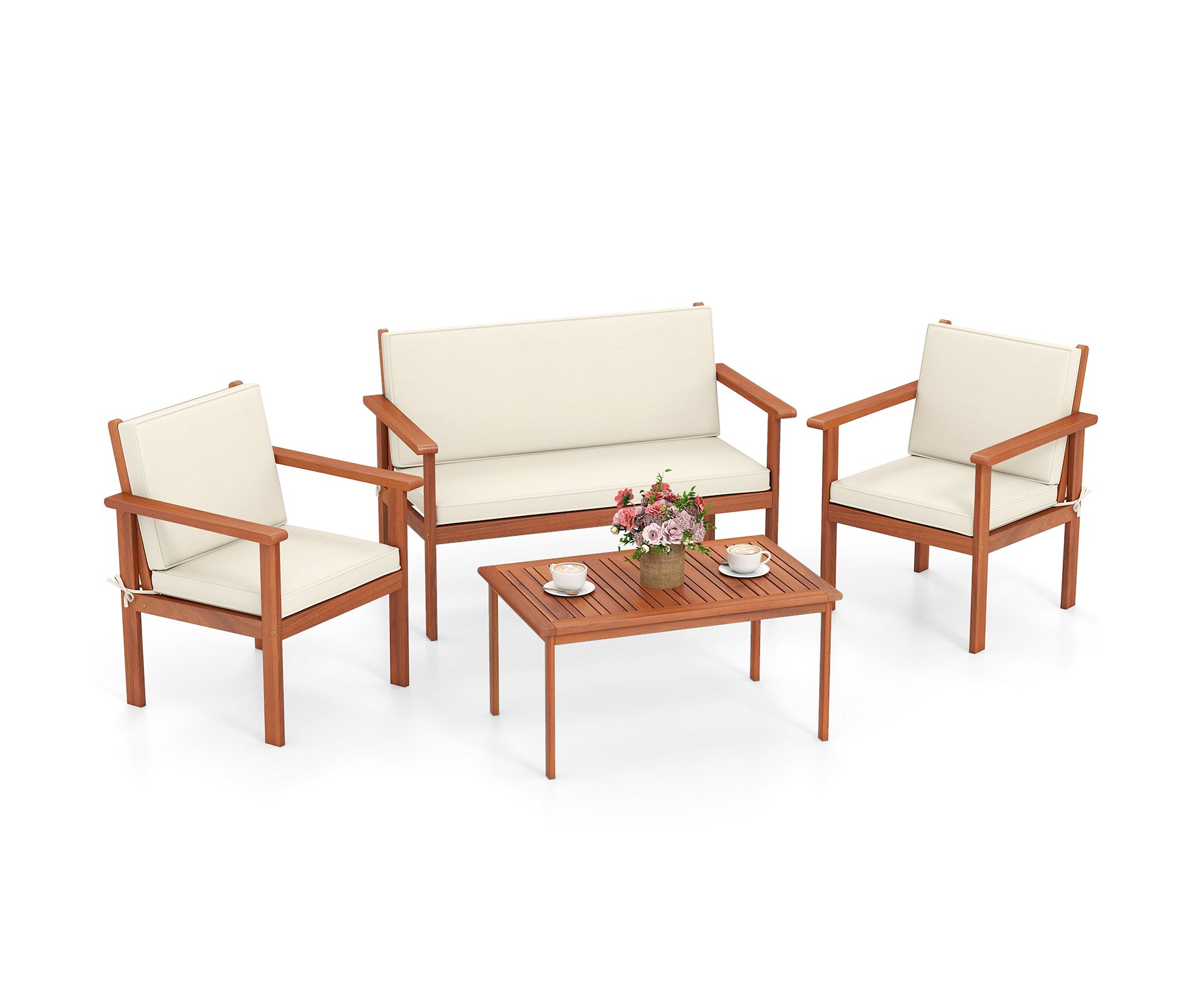 Tangkula 4 Pieces Patio Furniture Set Acacia Wood Porch Chairs w/ Table