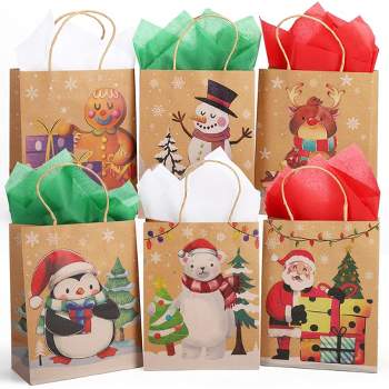 24Pcs Christmas Paper Gift Bags with Tissue Paper, Bulk Kraft Paper Bags with Handle