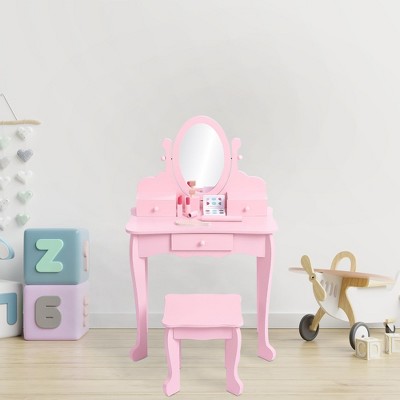 Kids Vanity Set, Princess Makeup Dressing Table and Stool Playset with Mirror & Drawers