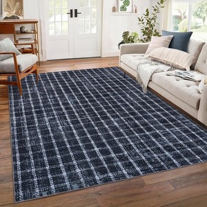 Checkered Rug for Living Room Blue Braided Geometric Print Soft Low-Pile Thin Large Washable Rugs - 1 of 4