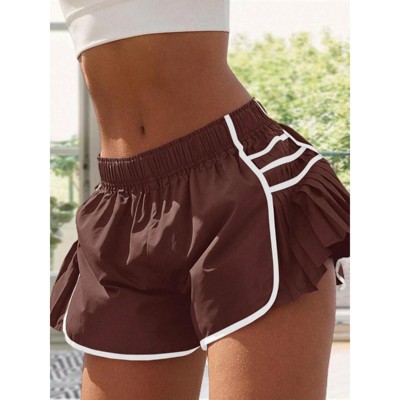 Clotth Womens Workout Gym Shorts Running Pleated Stylish Contrast Stitch Elastic Waist Athletic Quick Dry Shorts