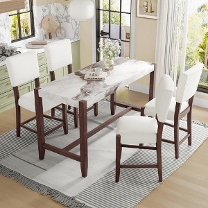 5 PCS Bar Height Dining Set with 4 Upholstered Bar Stool&Faux Marble Table, Counter Height Dining Set Bistro Dining Set, Mid-century Modern-ModernLuxe - 1 of 4