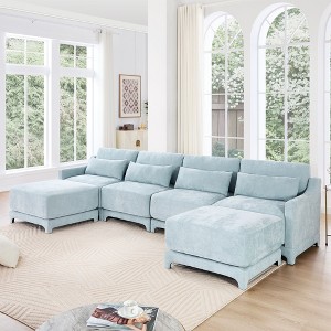 4-Seater Chenille Fabric Beige Sofa with 1 Movable Ottoman and Lumbar Pillow Solid Wood Frame High Resilient Sponge - 1 of 4