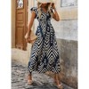 Women's V NeckElegant Printed Short Fly Sleeved Dress With Lace-Up Belt - 2 of 4