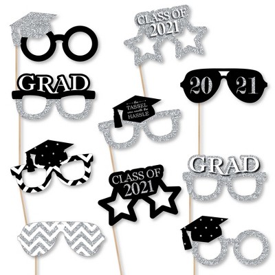 Big Dot of Happiness Silver Glasses - Tassel Worth The Hassle - 2021 Paper Card Stock Graduation Party Photo Booth Props Kit - 10 Count