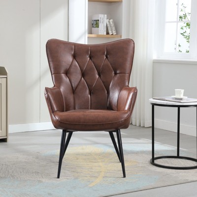 Dark Brown Leather Arm Chair with Soft Filling Accent Chair with Wing Back