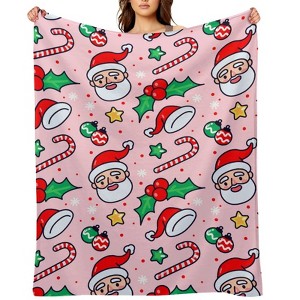 FIONECA Christmas Blanket with Santa Claus Candy Cane Christmas Ornaments and Holly Pink Design 60x80 inches - 1 of 1