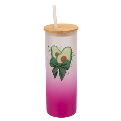 Elanze Designs 25 Ounce Frosted Glass Gradient Travel Tumbler With Straw and Wooden Lid, Avocado Pink