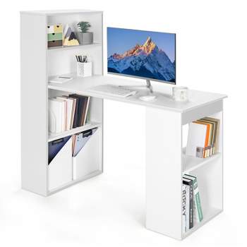 Tangkula 48 Inch Computer Desk with Bookshelf 3-in-1 Home office Desk with 4-Tier Bookcase & CPU Stand Space-saving Reversible Writing Desk Black/White