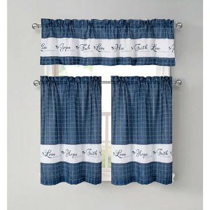 Kate Aurora Country Living Gingham Check Hope Faith Love 3 Pc Cafe Kitchen Curtain Set - 1 of 4