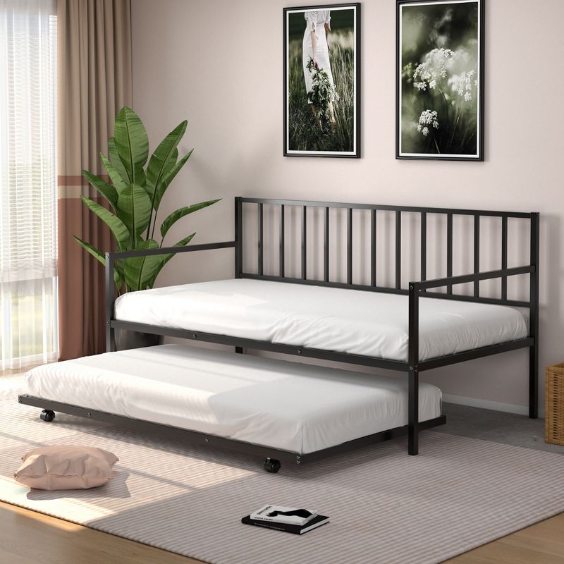 Costway Twin Metal Daybed with Roll Out Trundle Heavy Duty Frame Sofa Bed Set Black, 1 of 11