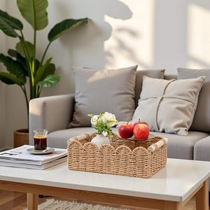 Ridstar Cube Paper Cord Wavy Edge Toilet Paper Holder with Dual Wooden Handles for Side Tables & Shelves-Neutral - 1 of 4