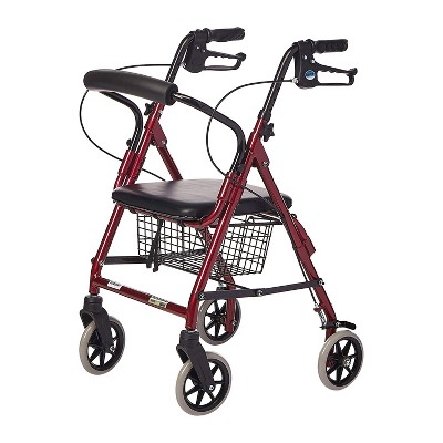 Lumex Walkabout Lite Junior Light and Compart 4 Wheel Height Adjustable Rollator with Padded Seat, Backrest, Ergonomic Handles & Basket, Burgundy