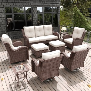 LayinSun Outdoor Patio Furniture Set, Brown Rattan Wicker Sectional Swivel Rocker Chairs Sets with Ottomans, Swivel Glider Chair - 1 of 4