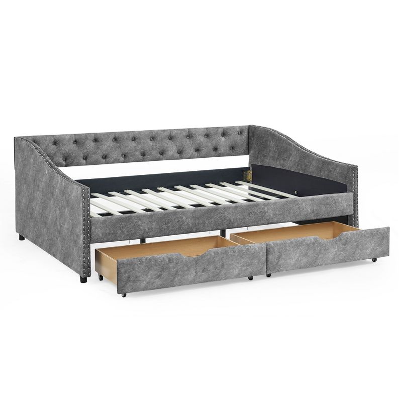 Full Size Upholstered Button Tufted Sofa Bed with Drawers and Waved Shape Arms, Gray - ModernLuxe, 4 of 11