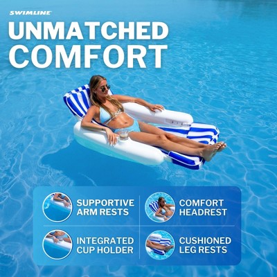 Blue and White Striped Padded Floating Pool Lounger with Cup Holders