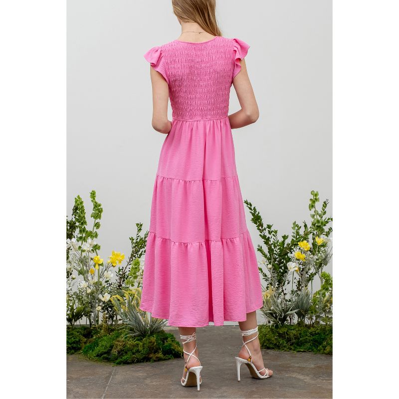 August Sky Women's V-neck Smocked Tiered Midi Dress, 2 of 7