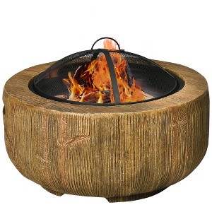 Outsunny Outdoor Fire Pit, 24 Inch Metal Wood Burning Fireplace with Spark Cover, Poker, Woodgrain Design for Patio, Picnic, Backyard, Light Brown - 1 of 4
