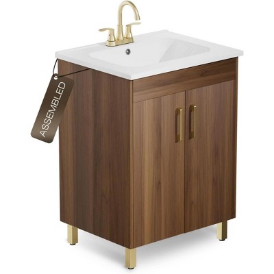 phiestina 24" Walnut Small Bathroom Vanity, Fully Pre-Assembled with Ceramic Sink, 2 Soft Close Doors, Faucet Not Included