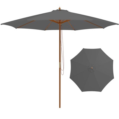 Tangkula 10FT Wooden Market Table Umbrella Pulley Sunshade Canopy w/8 Bamboo Ribs