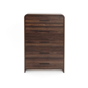 LuxenHome Modern Walnut Finish 5-Drawer Chest, Engineered Wood Storage Dresser with Rounded Corners Brown - 1 of 4