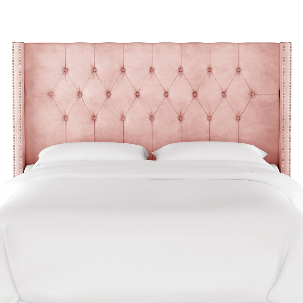 Queen Louis Diamond Tufted Wingback Headboard Blush Velvet with Pewter Nail Buttons - Skyline Furniture -  54346279