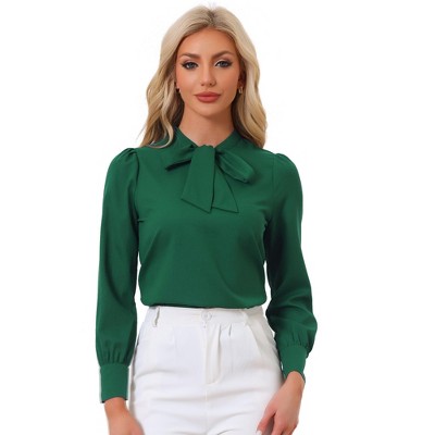 INSPIRE CHIC Women's Bow Tie Neck Elegant Long Sleeve Solid Work Office Blouse