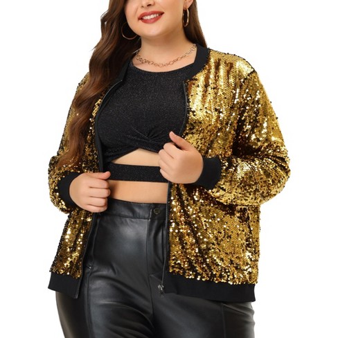 Agnes Orinda Women's Plus Size Party Metallic Sequin Sparkle Zip Bomber  Jackets Gold 3x : Target