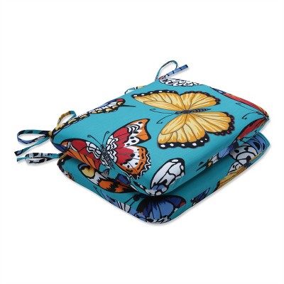 Pillow Perfect Set of 2 Butterfly Garden Outdoor/Indoor Rounded Corners Seat Cushions Turquoise