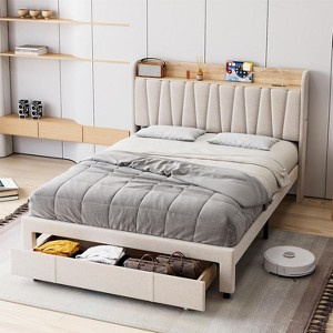 Full Size Bed Frame with Storage Headboard and Charging Station, Platform Bed Frame with Drawers, Heavy Duty, No Box Spring Needed,Off-White - 1 of 4