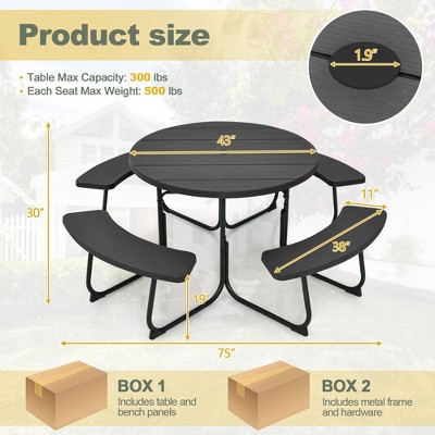 Black 8-Person Round Picnic Table with Benches and Umbrella Hole